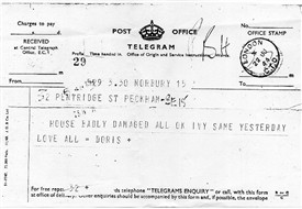 Photo:This telegram was sent the following day on June 22nd 1944. It reads as follows; House badly damaged All ok Ivy same yesterday love all Doris
